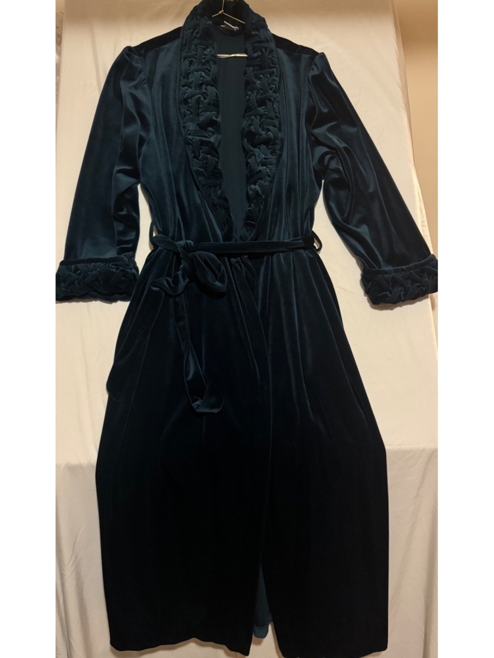 Vintage Delicates Emerald Green Velvet Long Bathrobe Basketweave Trim Sz Medium